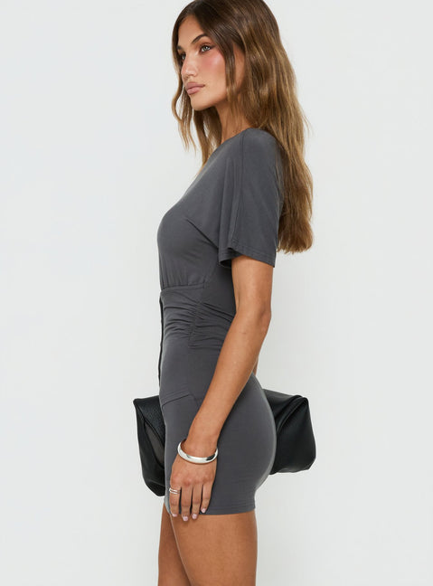 Ainsleah Button Waist Off Shoulder Mini Dress Slate