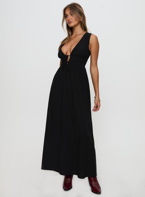 front view of model wearing Princess Polly Pokey Maxi Dress Black Plunger 