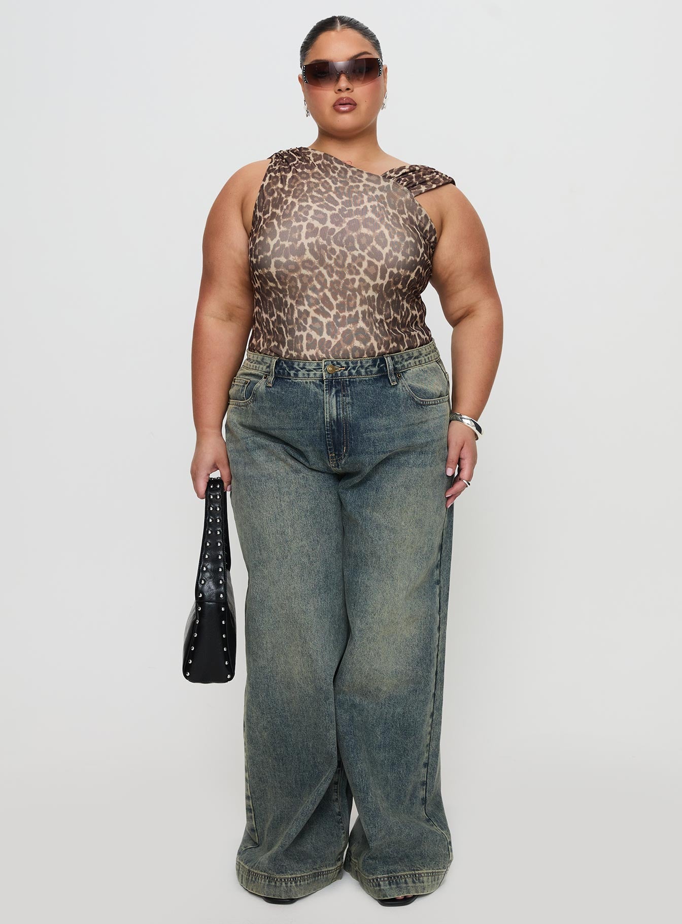 front view of model wearing Princess Polly Serenata Bodysuit Leopard Sleeveless 