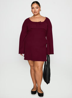 side view of model wearing Princess Polly Sandyra Knit Mini Dress Maroon Curve Square Neck 