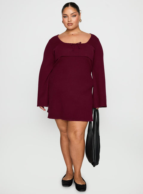 side view of model wearing Princess Polly Sandyra Knit Mini Dress Maroon Curve Square Neck 