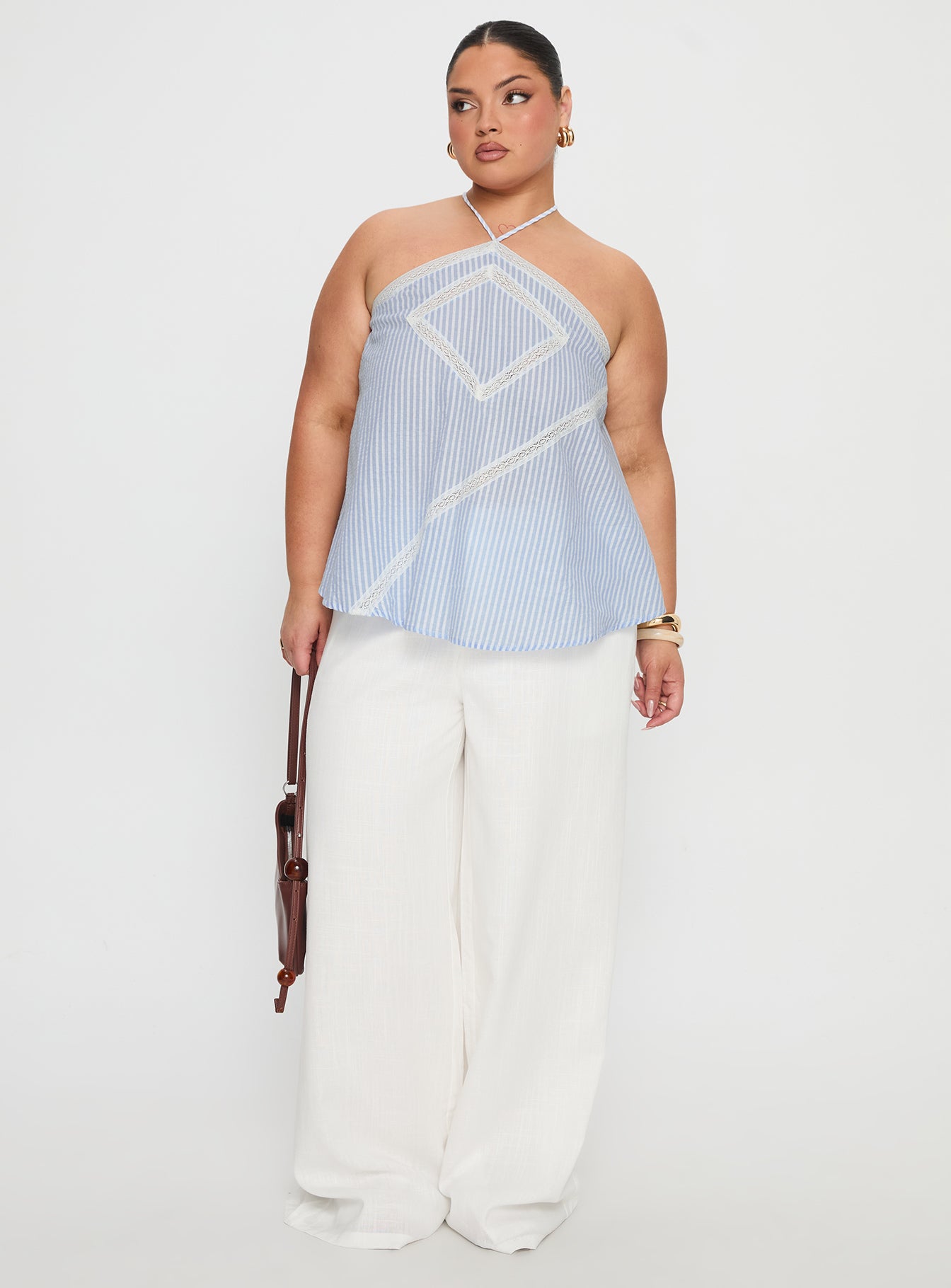 front view of model wearing Princess Polly Pedra Wide Leg Pant White Curve High Rise Pants 