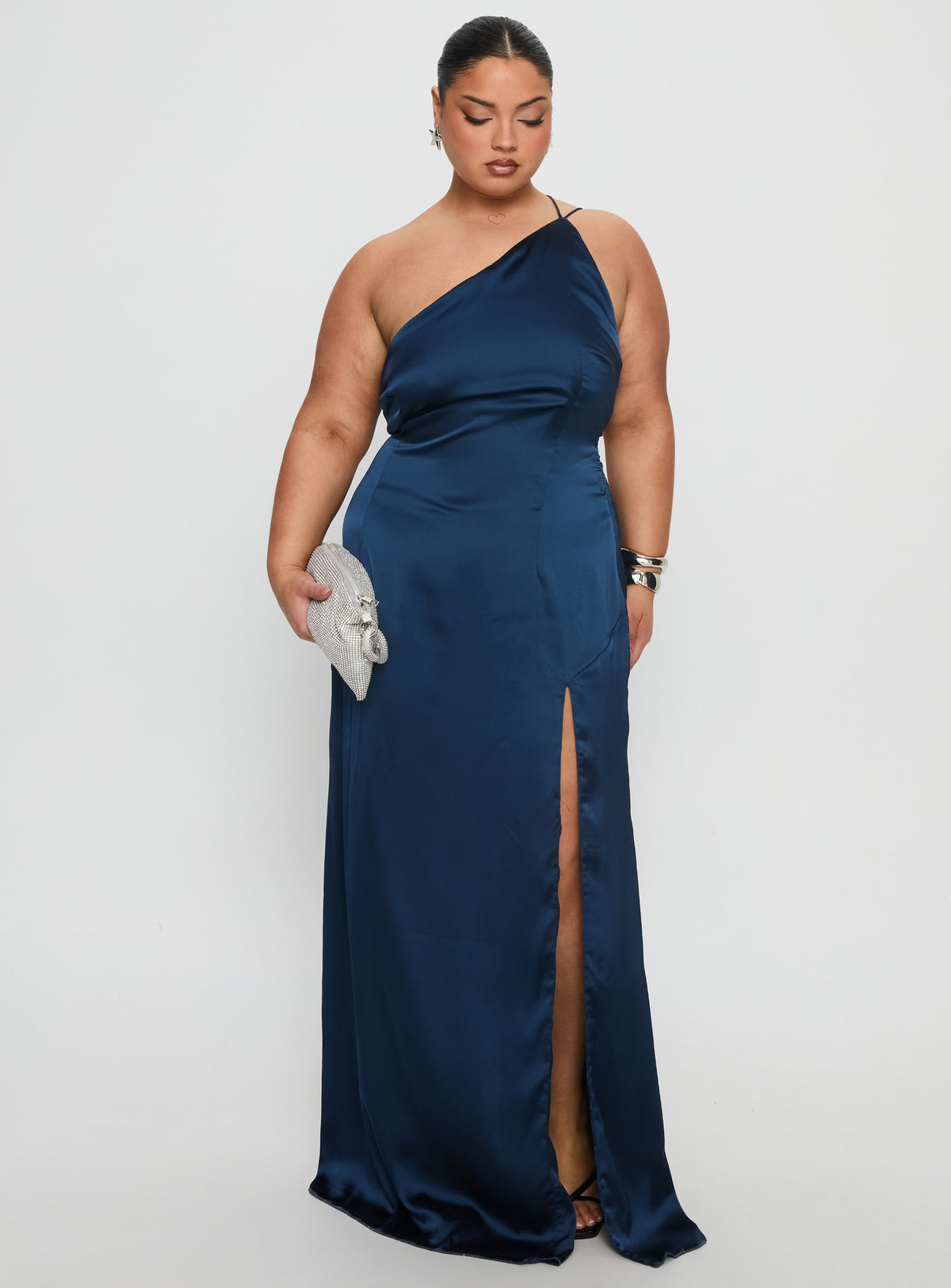 Kiss Of Life Satin Maxi Dress Navy Curve