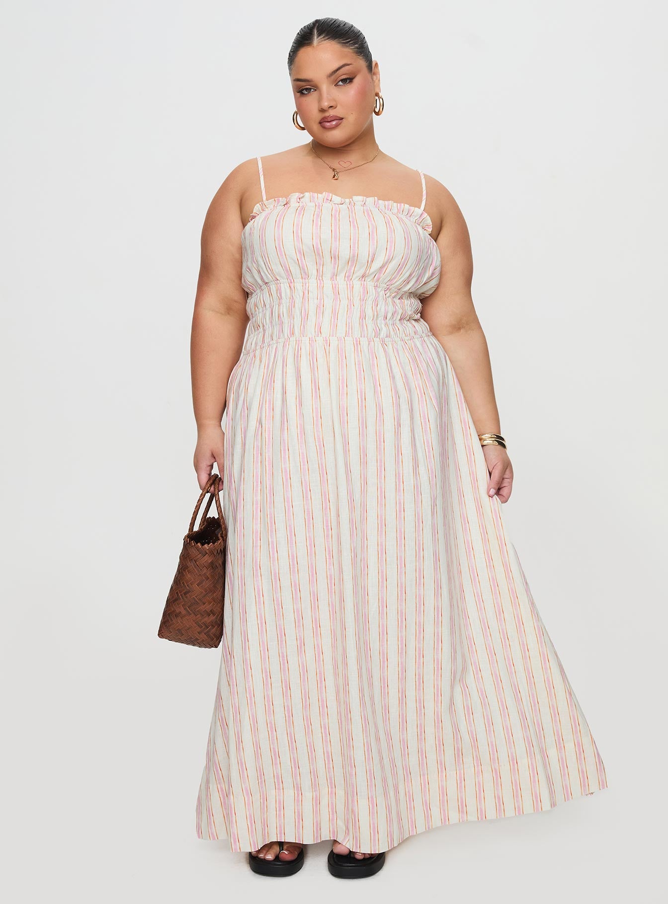 back view of model wearing Princess Polly Persephone Shirring Linen Maxi Dress Pink Stripe Curve Square Neck 