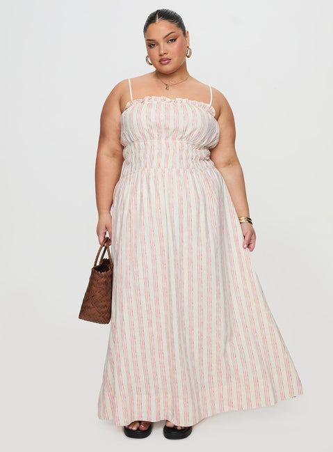 back view of model wearing Princess Polly Persephone Shirring Linen Maxi Dress Pink Stripe Curve Square Neck 