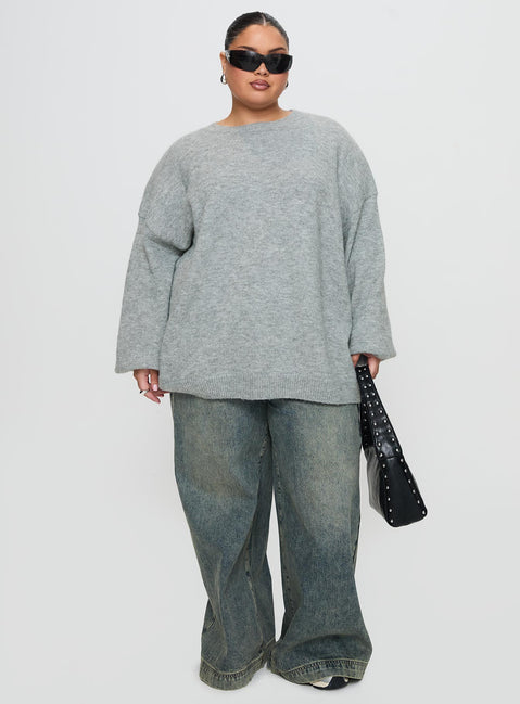 front view of model wearing Princess Polly Ryanna Sweater Grey Curve Long 