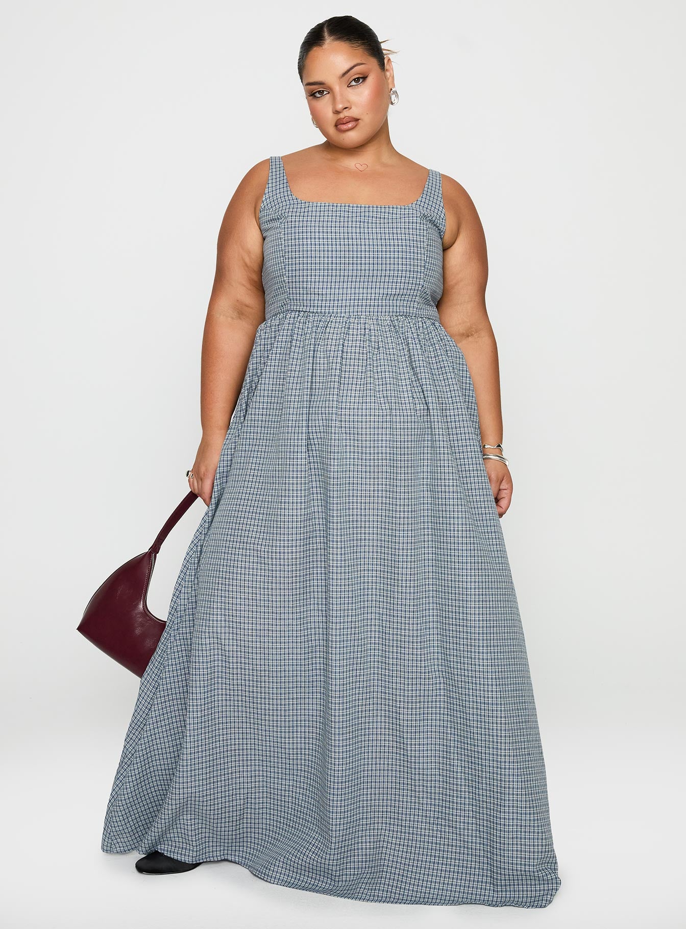 side view of model wearing Princess Polly Cartmel Check Maxi Dress Navy Curve Square Neck 