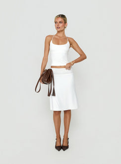 Showcasing the Zenaide Lace Detail Midi Skirt White womens-skirts with midi length front view of model wearing Princess Polly