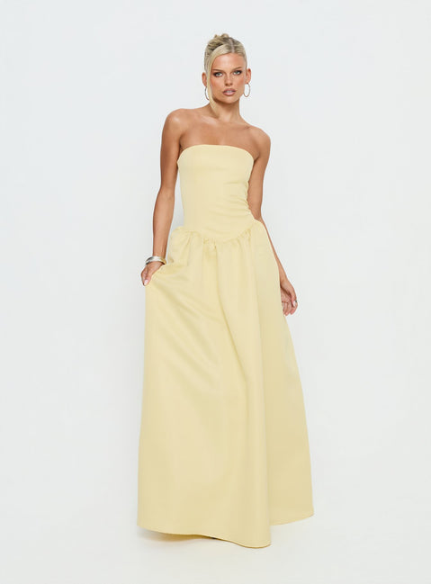 Soft Bloom Drop Waist Strapless Maxi Dress Yellow