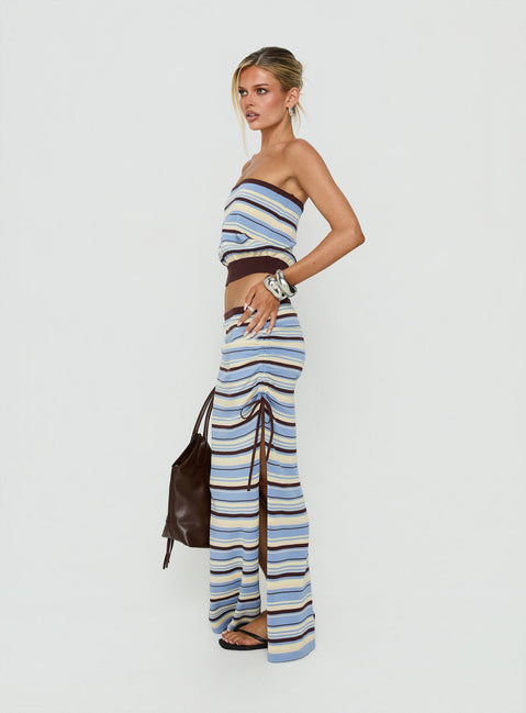 Crafted with the Osamie Knit Drawstring Maxi Skirt Multi Stripe in womens-skirts featuring ruched details and fitted silhouette side view of model wearing Princess Polly