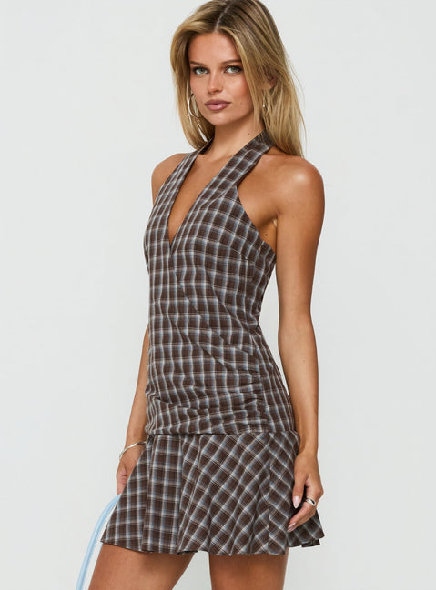Paytonn Halter Cross Front Mini Dress Check