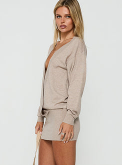 Kharie Plunge Neck Long Sleeve Knit Mini Dress Taupe