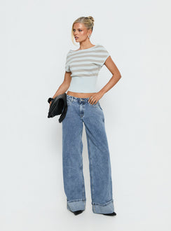 front view of model wearing Princess Polly Ramos Diamante Low Rise Wide Leg Jeans Washed Mid Blue Low Rise Jeans 