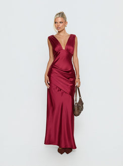 False Alarm Plunge Asymmetrical Pleat Maxi Dress Red
