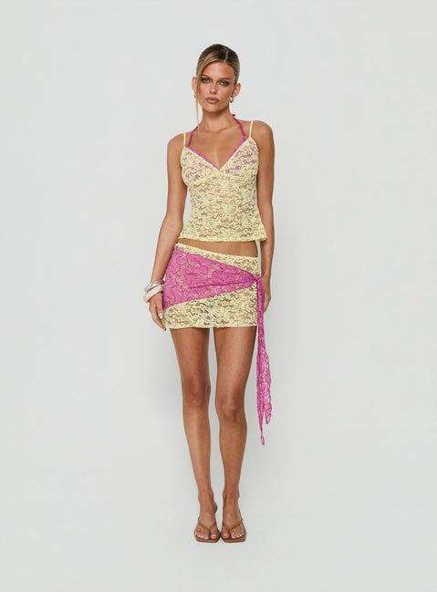 Featuring the Sirna Lace Wrap Contrast Mini Skirt Lime / Pink womens-skirts mini product Princess Polly