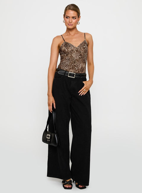 front view of model wearing Princess Polly Elixia Bodysuit Leopard Sleeveless 