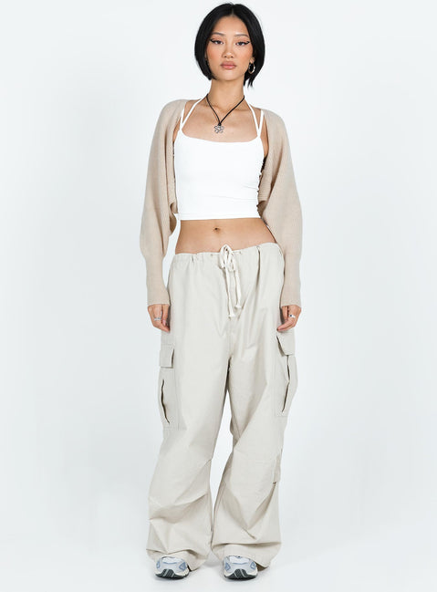 front view of model wearing Princess Polly Aviana Cardigan Beige Marle cropped Jumpers 