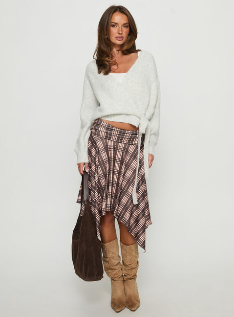 side view of model wearing Princess Polly Daelan Wrap Knit Cardigan Grey Marle Cropped Jumpers 