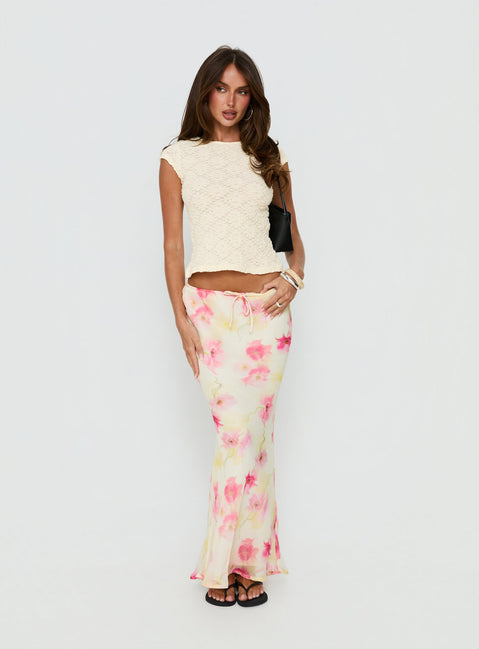   front view of model wearing Princess Polly Mercer Maxi Skirt Yellow Floral Maxi Skirts Skirts 
