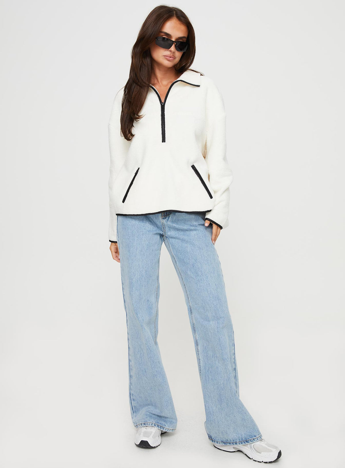 front view of model wearing Princess Polly Samuel Polar Fleece Sweater Cream 