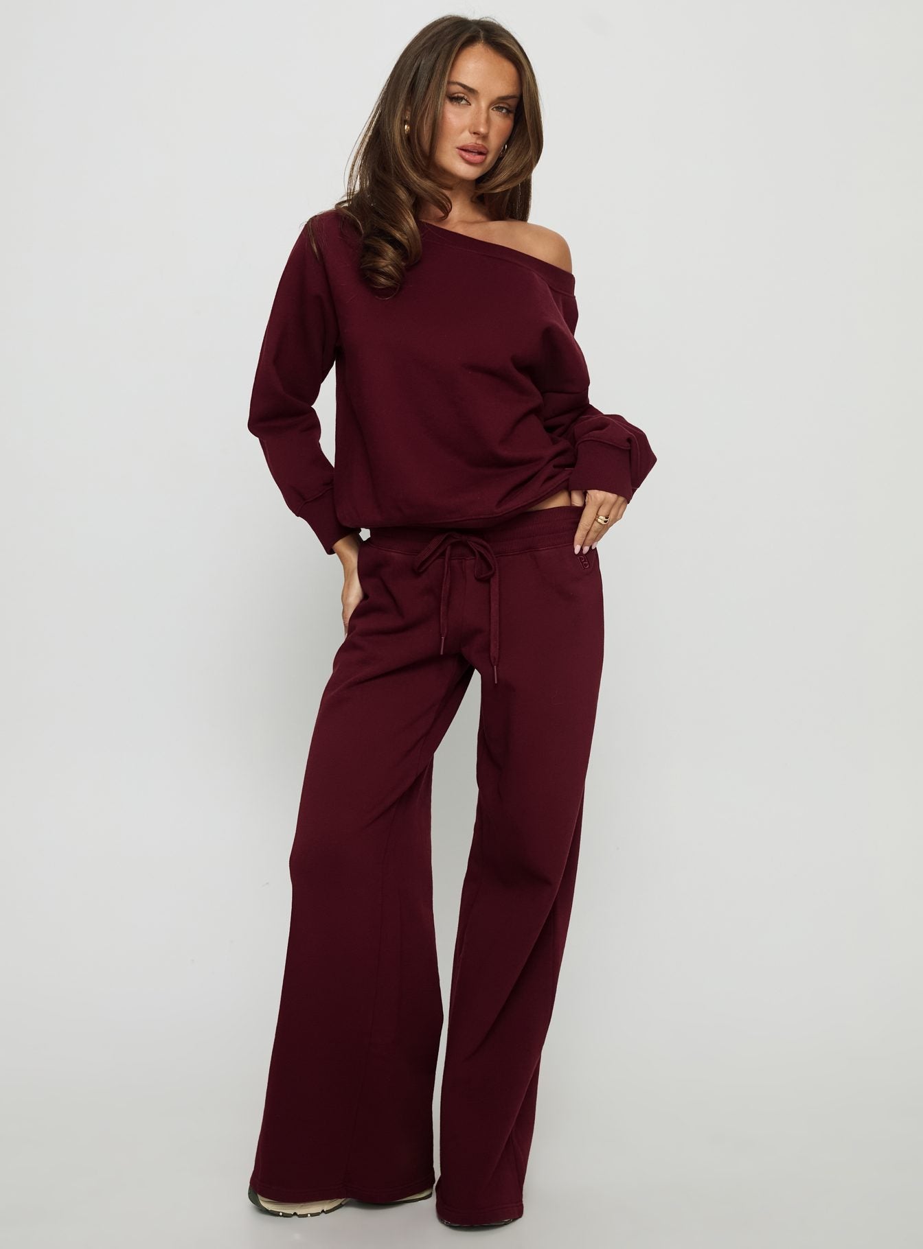 back view of model wearing Princess Polly Dodie Wide Leg Pants Washed Currant Mid Rise Pants 