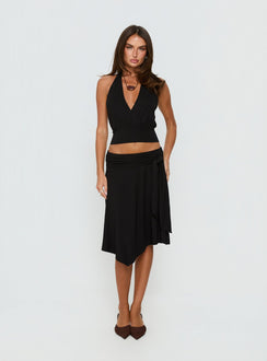   front view of model wearing Princess Polly Soft Focus Tie Waist Midi Skirt Black Midi Skirts 