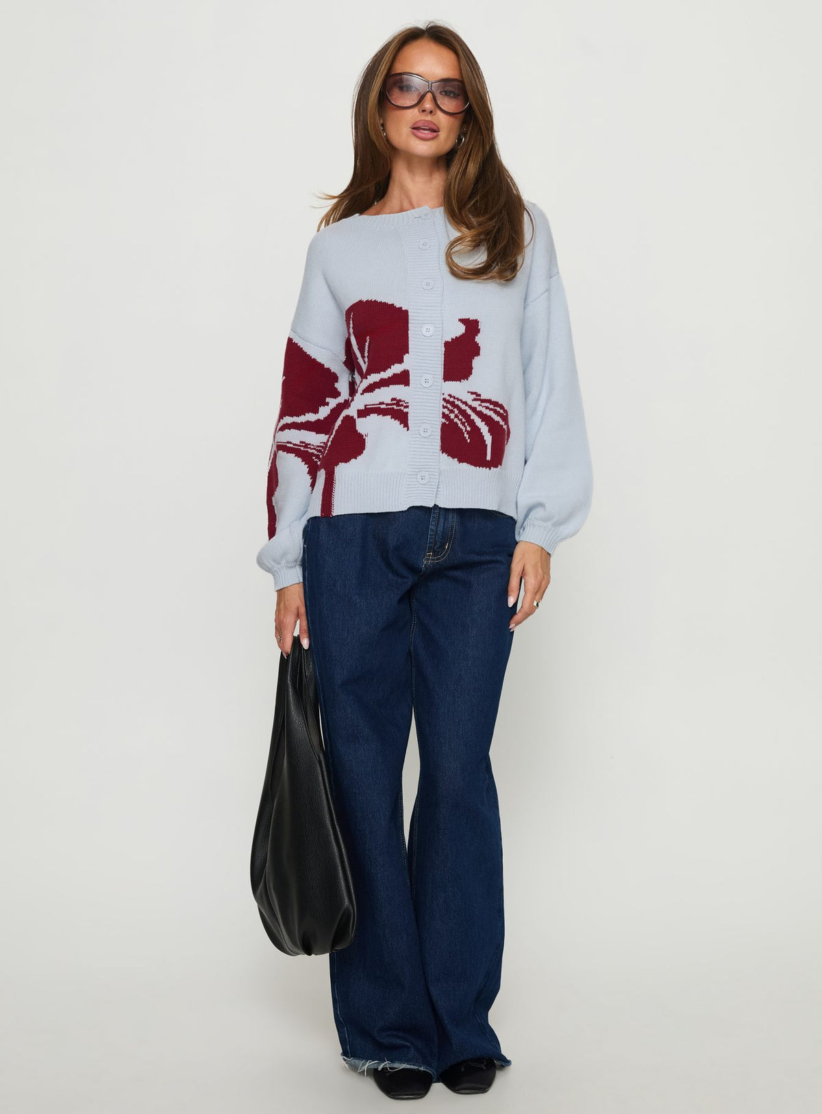 front view of model wearing Princess Polly Jalenn Floral Knit Cardigan Blue / Red Cropped Jumpers 