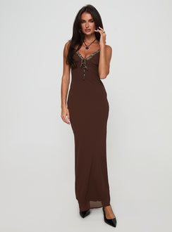 front view of model wearing Princess Polly Moorey Maxi Dress Brown Plunger 