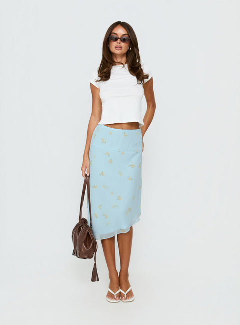   front view of model wearing Princess Polly Daphene Asymmetrical Midi Skirt Blue Floral Midi Skirts 