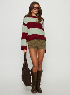 back view of model wearing Princess Polly Nesha Fluffy Knit Sweater Red / Blue Stripe 