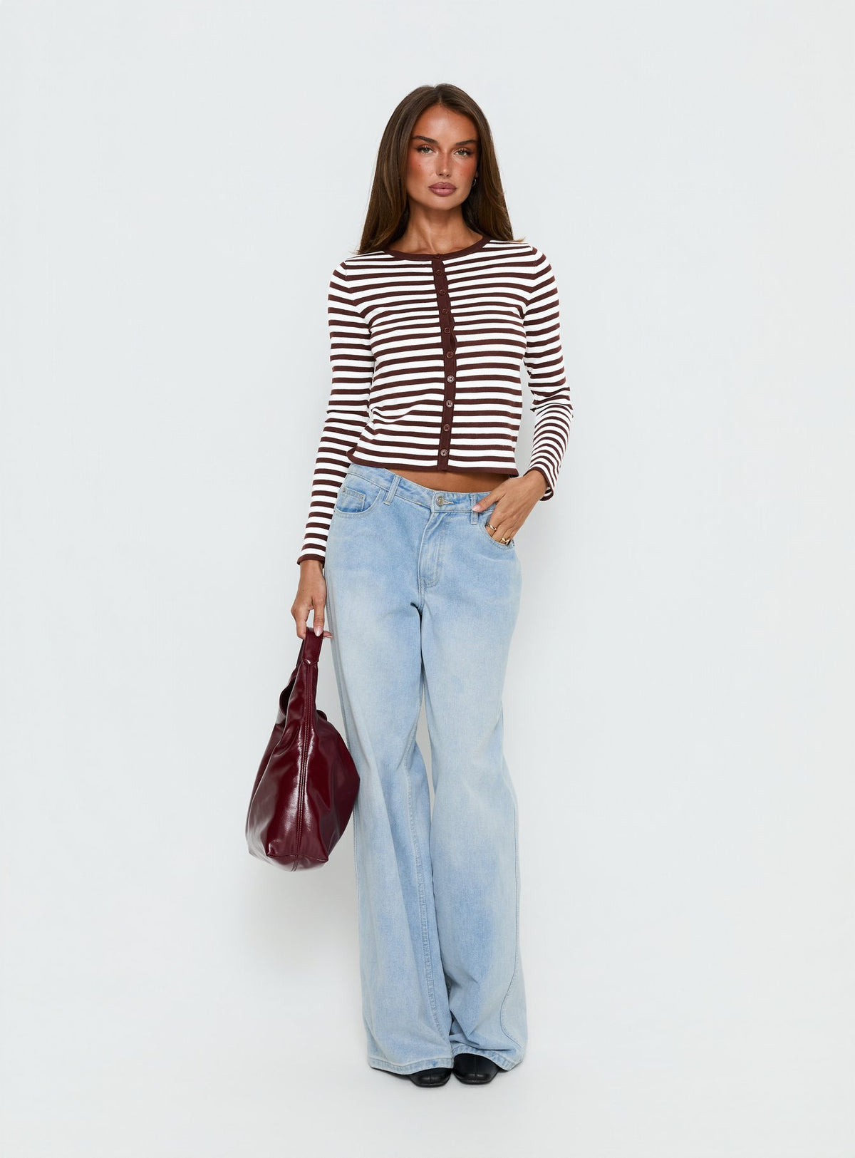 back view of model wearing Princess Polly Elcie Button Up Cardigan Brown Stripe Cropped Jumpers 