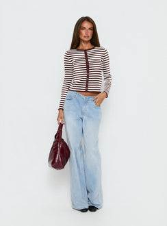 back view of model wearing Princess Polly Elcie Button Up Cardigan Brown Stripe Cropped Jumpers 