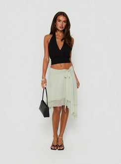 Showcasing the Ophella Tie Waist Chiffon Midi Skirt Sage in womens-skirts front view of model wearing Princess Polly