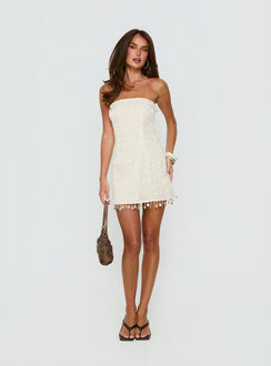 We Made It Strapless Sequin Mini Dress Cream
