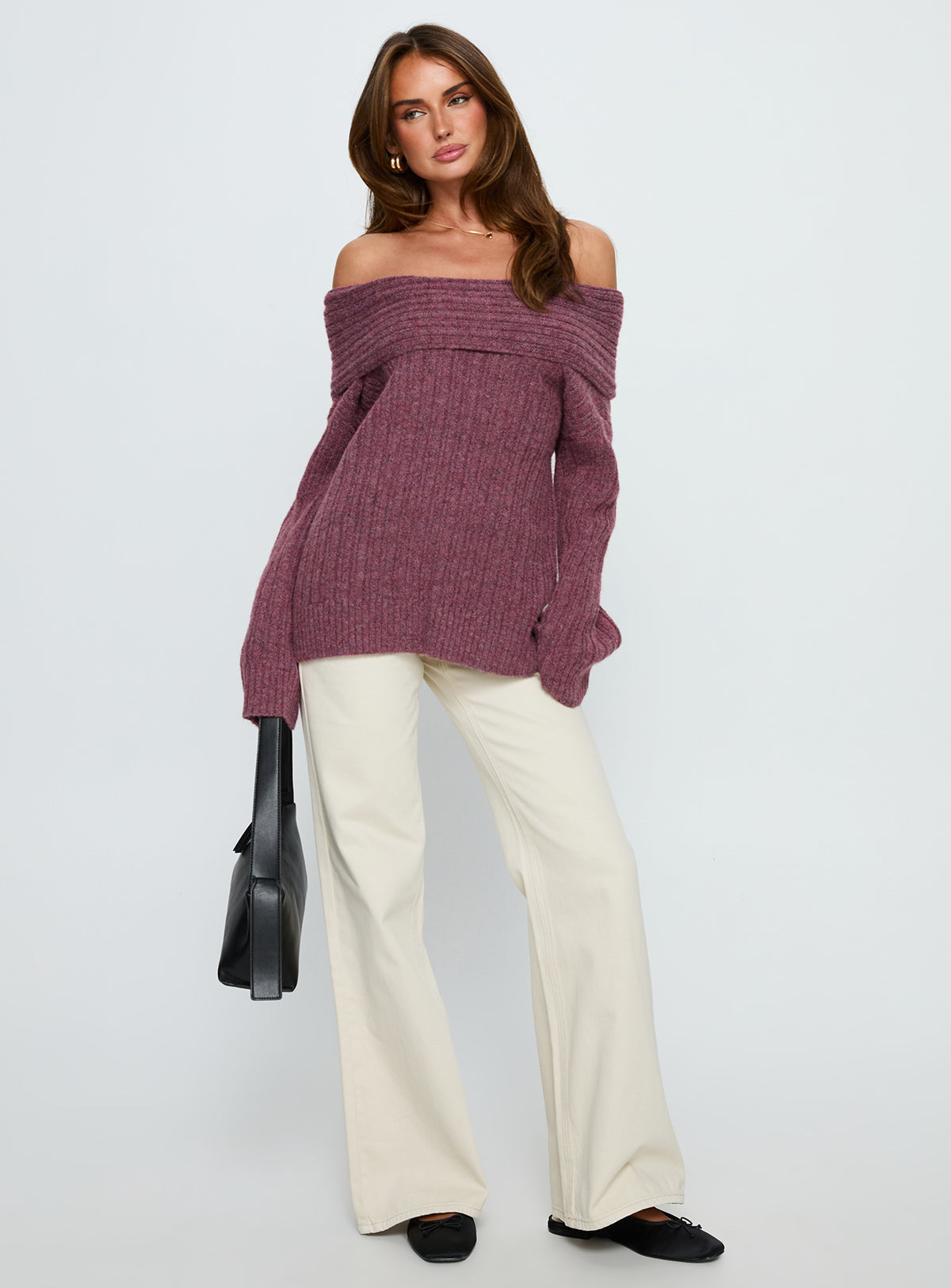 front view of model wearing Princess Polly Snowie Off Shoulder Knit Sweater Burgundy Longline Jumpers Jumpers 