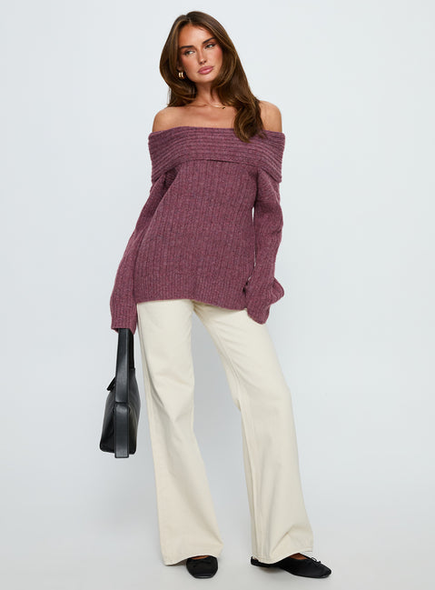 front view of model wearing Princess Polly Snowie Off Shoulder Knit Sweater Burgundy Longline Jumpers Jumpers 