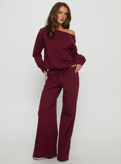 front view of model wearing Princess Polly Wellness Off the Shoulder Jumper Currant cropped 