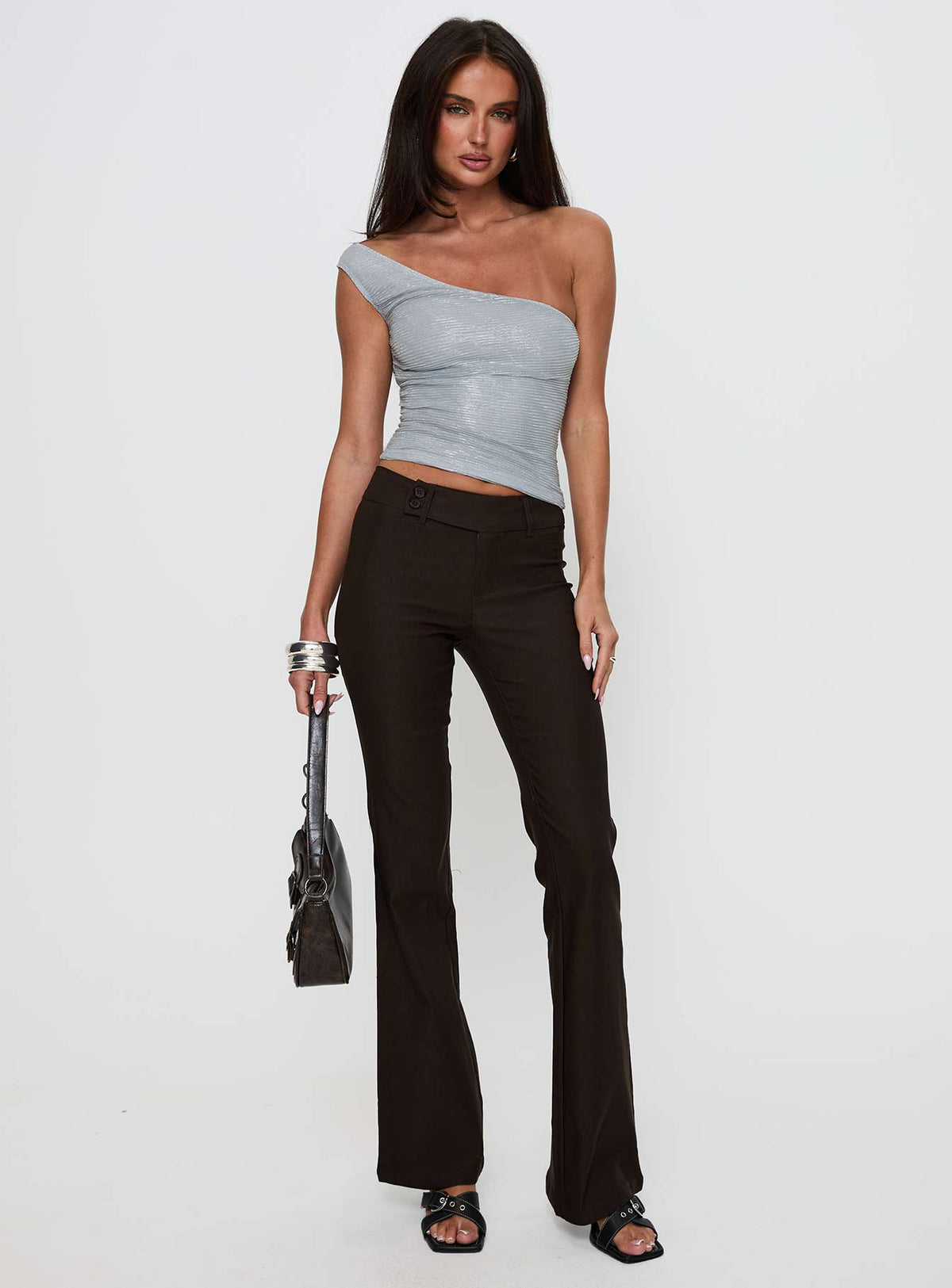 front view of model wearing Princess Polly Kinkirk Flared Pants Chocolate Low Rise Pants 
