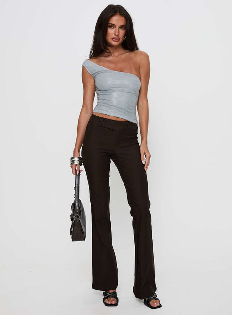 front view of model wearing Princess Polly Kinkirk Flared Pants Chocolate Petite Low Rise Pants 