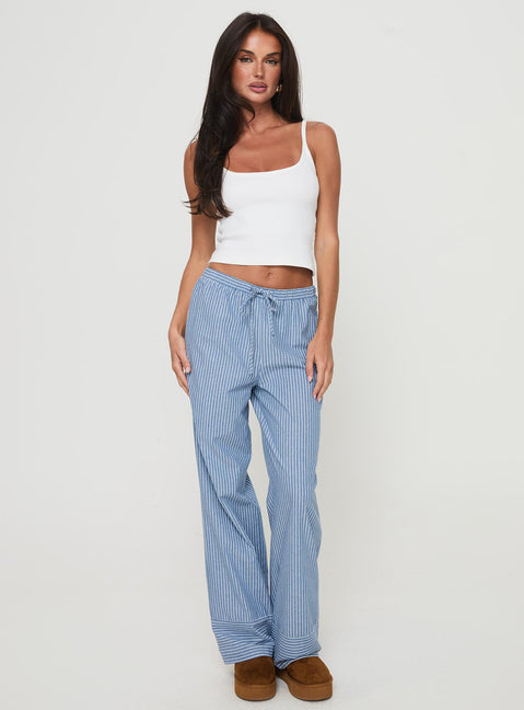 front view of model wearing Princess Polly Veridian Pants Blue Stripe Mid Rise 