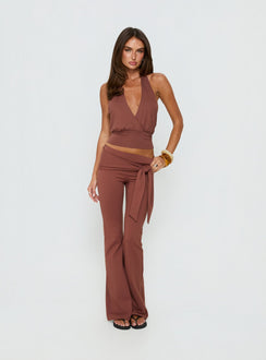 back view of model wearing Princess Polly Daily Define Tie Waist Pants Brown Low Rise Pants 