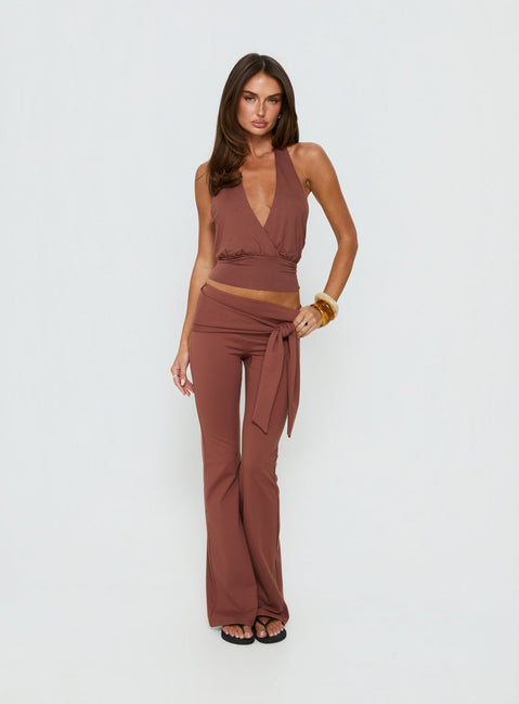 back view of model wearing Princess Polly Daily Define Tie Waist Pants Brown Low Rise Pants 
