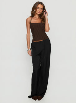 front view of model wearing Princess Polly Breina Satin Straight Leg Pants Black High Rise Pants 