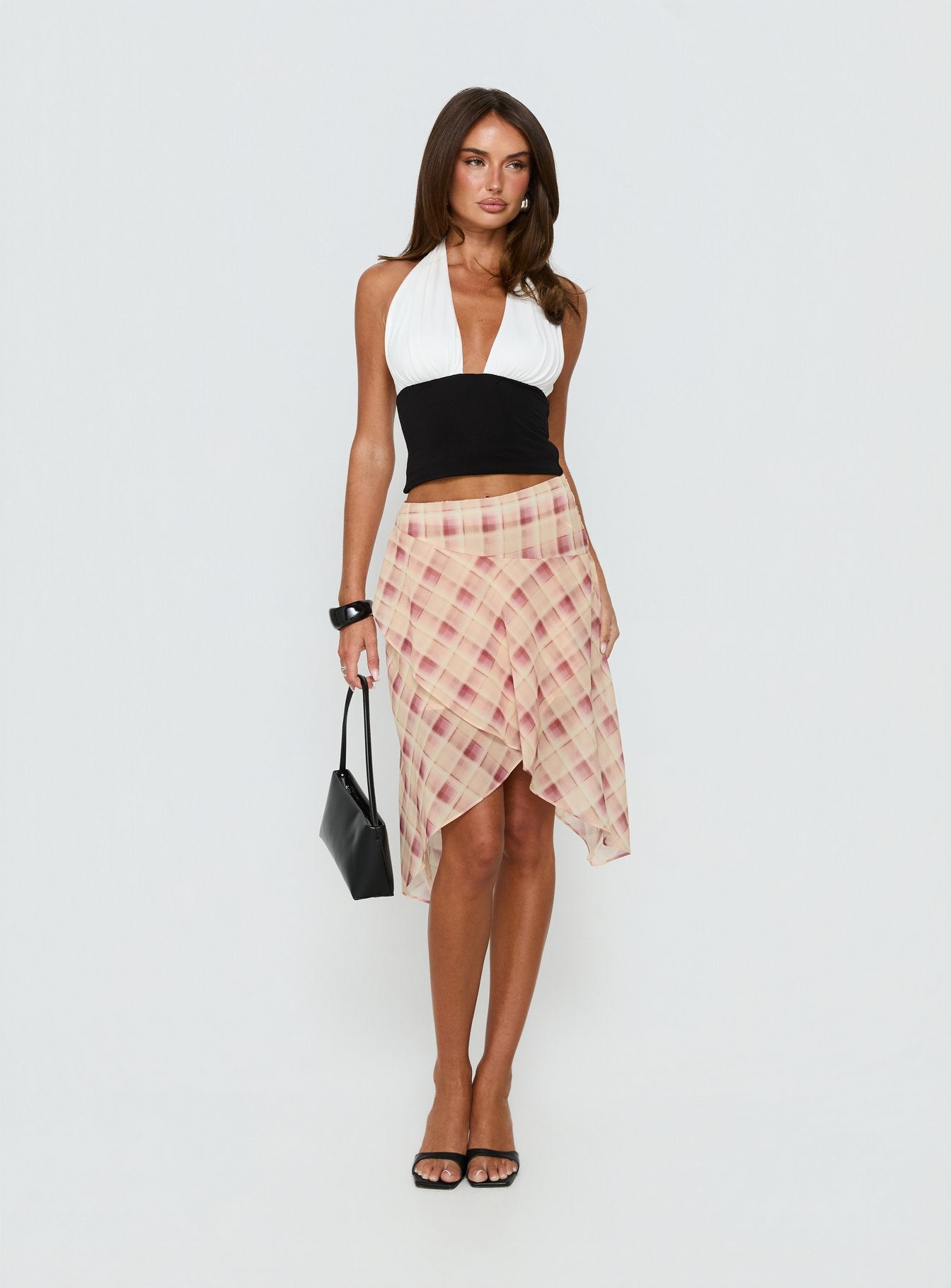   front view of model wearing Princess Polly Natana Asymmetrical Midi Skirt Multi Check 