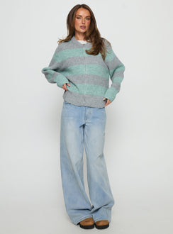 front view of model wearing Princess Polly Queena Zip Through Knit Sweater Grey / Blue Stripe Cropped Jumpers 