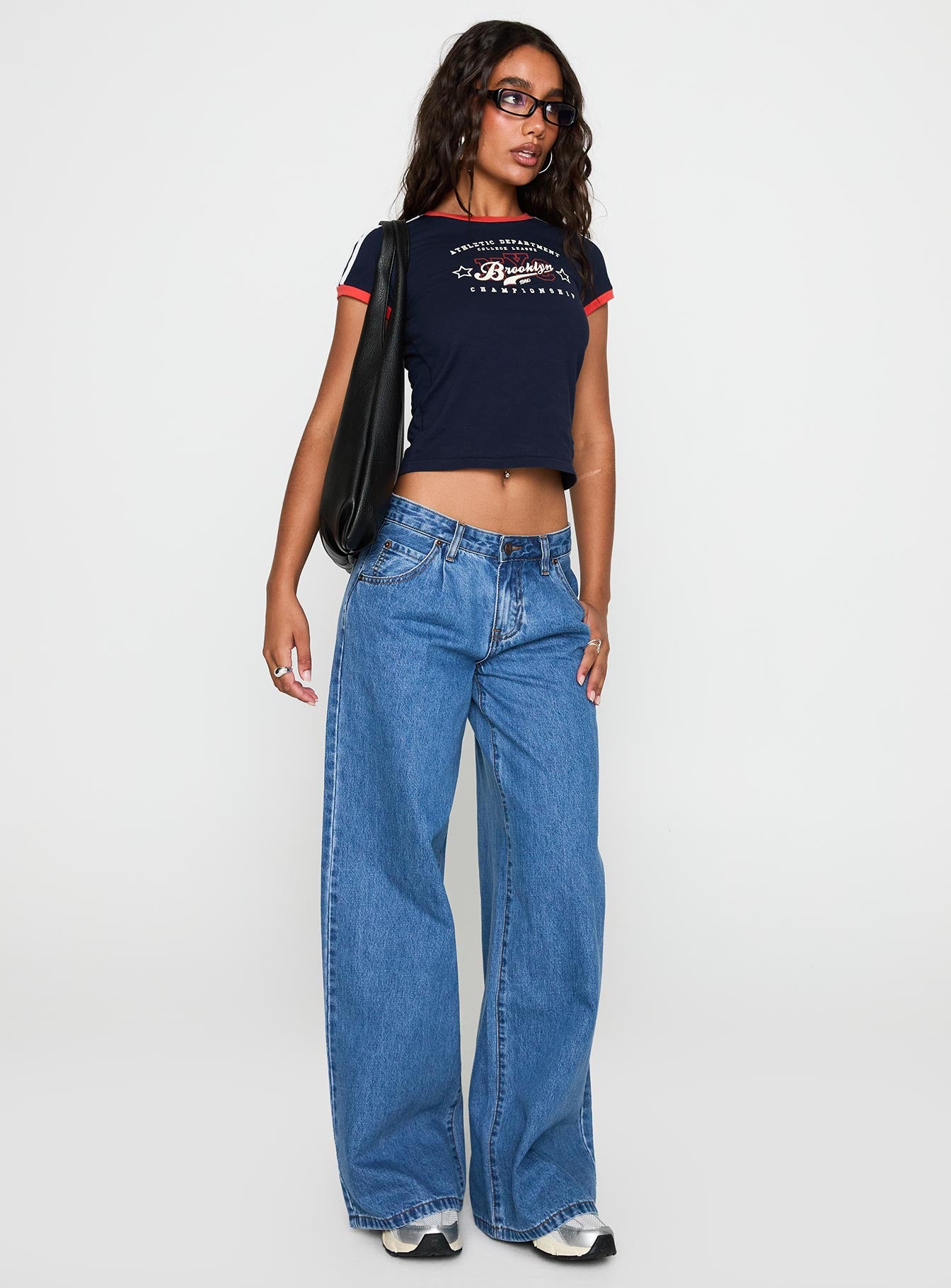 front view of model wearing Princess Polly So Brooklyn Graphic Tee Blue Short Sleeves Crew Neck 