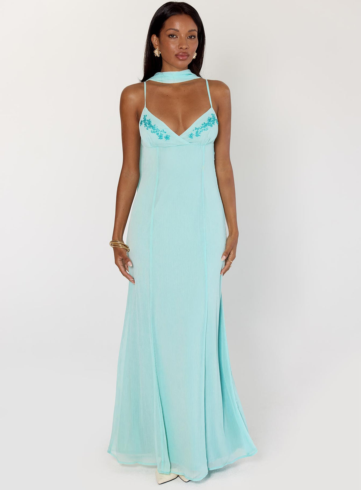 front view of model wearing Princess Polly Jadira Scarf Maxi Dress Aqua Plunger 