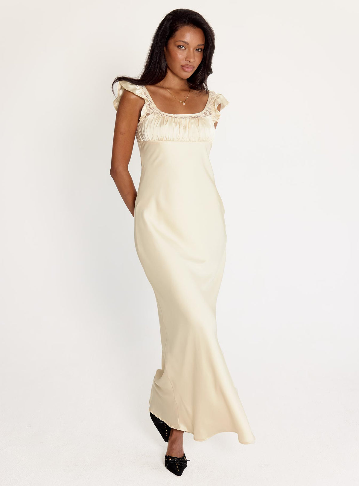 side view of model wearing Princess Polly Adelie Maxi Dress Champagne Scoop Neck 