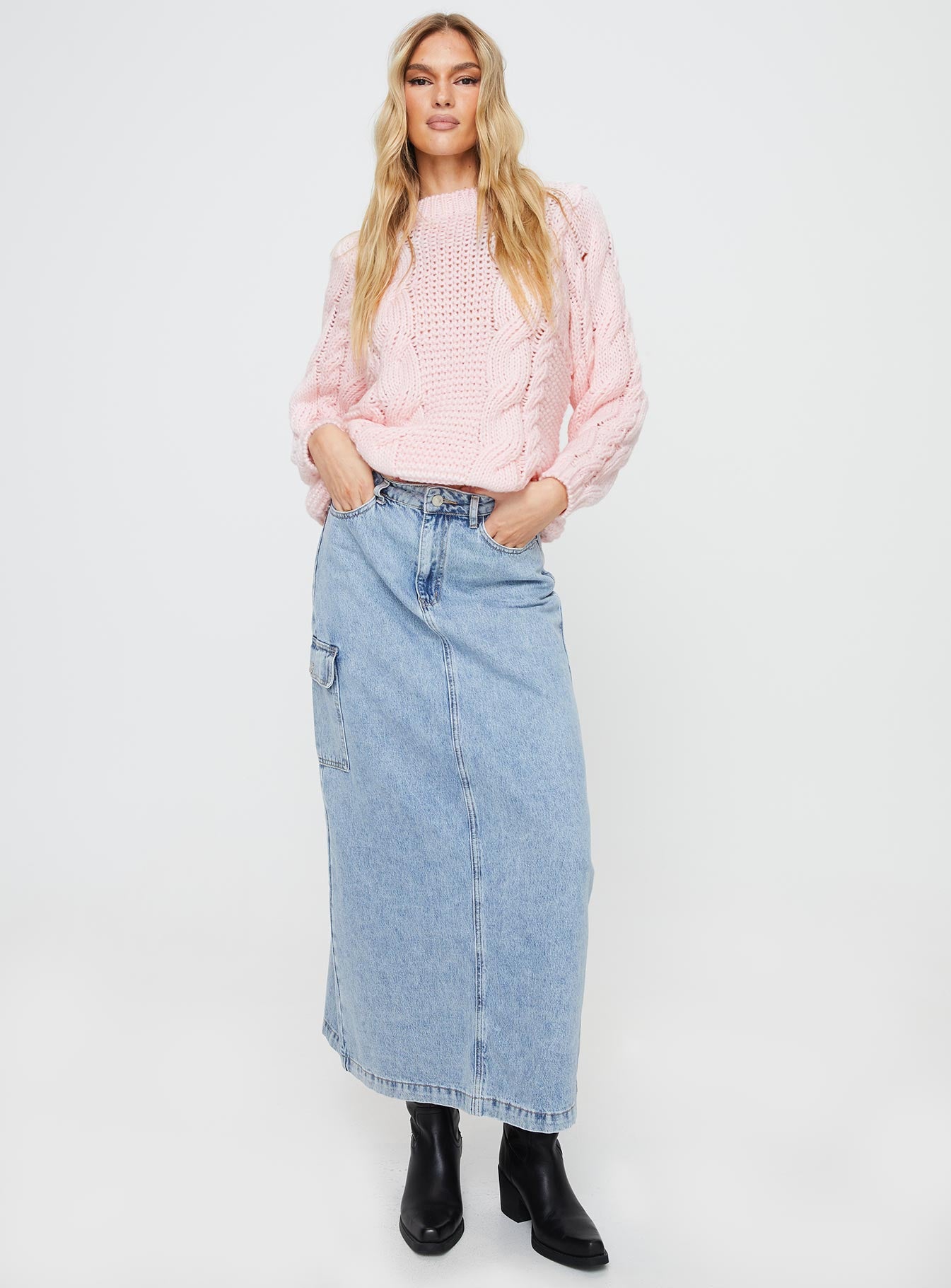 front view of model wearing Princess Polly Ellison Cable Knit Sweater Blush Pink Longline Jumpers 