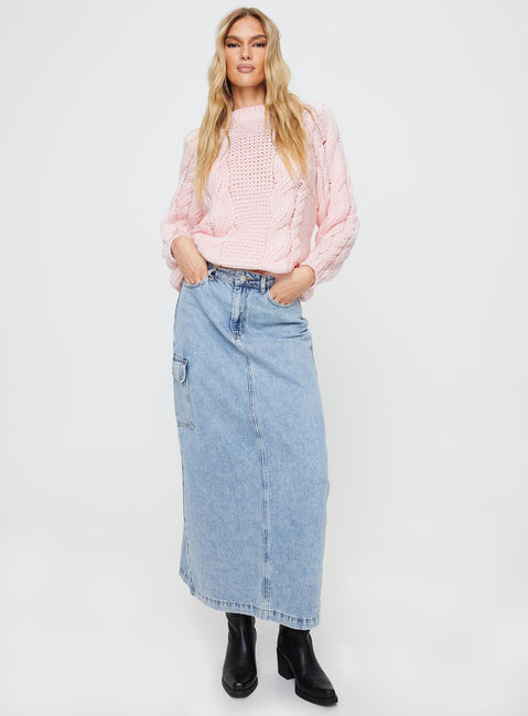 front view of model wearing Princess Polly Ellison Cable Knit Sweater Blush Pink Longline Jumpers 